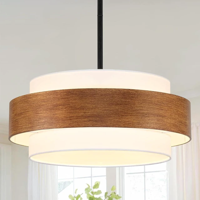 Main image of 20'' Farmhouse Chandelier, 5-Light Drum Chandelier Round Pendant Light Fixture with Fabric Shade, Wood Grain Rustic Chandeliers for Dining Room Bedroom Living Room Foyer Entryway
