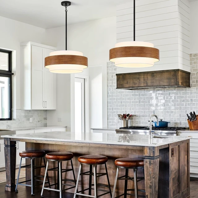 Alt view image 2 of 7 - 20'' Farmhouse Chandelier, 5-Light Drum Chandelier Round Pendant Light Fixture with Fabric Shade, Wood Grain Rustic Chandeliers for Dining Room Bedroom Living Room Foyer Entryway