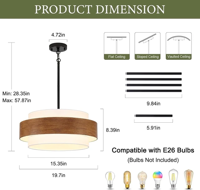 Alt view image 3 of 7 - 20'' Farmhouse Chandelier, 5-Light Drum Chandelier Round Pendant Light Fixture with Fabric Shade, Wood Grain Rustic Chandeliers for Dining Room Bedroom Living Room Foyer Entryway