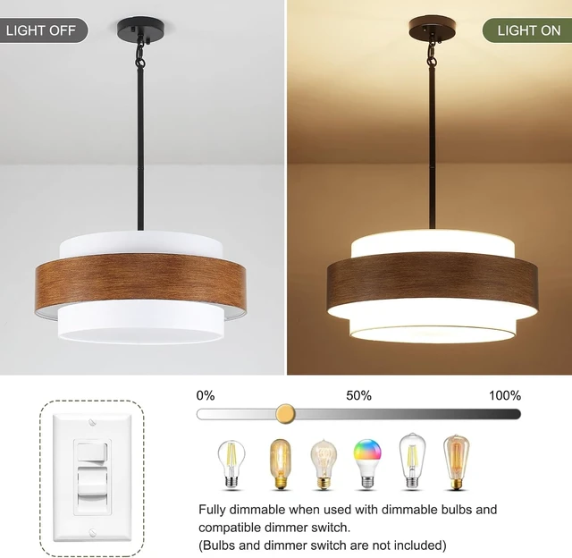 Alt view image 4 of 7 - 20'' Farmhouse Chandelier, 5-Light Drum Chandelier Round Pendant Light Fixture with Fabric Shade, Wood Grain Rustic Chandeliers for Dining Room Bedroom Living Room Foyer Entryway