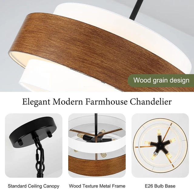 Alt view image 6 of 7 - 20'' Farmhouse Chandelier, 5-Light Drum Chandelier Round Pendant Light Fixture with Fabric Shade, Wood Grain Rustic Chandeliers for Dining Room Bedroom Living Room Foyer Entryway