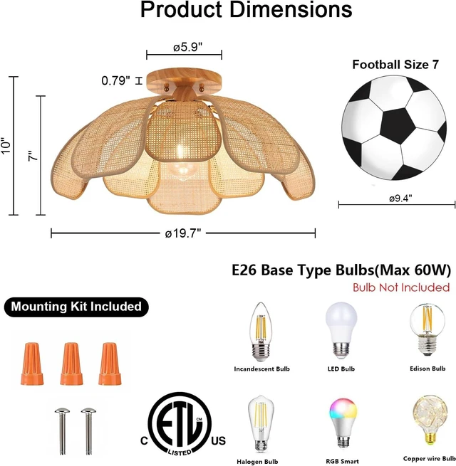 Alt view image 2 of 7 - 20 Inch Boho Flower Ceiling Light Flush Mount Rattan Light Fixture