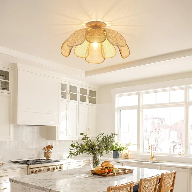 Alt view image 5 of 7 - 20 Inch Boho Flower Ceiling Light Flush Mount Rattan Light Fixture
