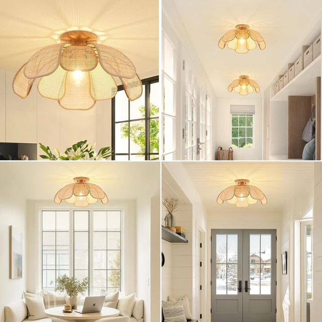 Alt view image 7 of 7 - 20 Inch Boho Flower Ceiling Light Flush Mount Rattan Light Fixture