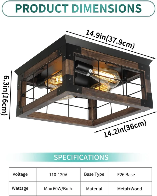 Alt view image 2 of 7 - Farmhouse Rustic Flush Mount Ceiling Light Fixture: 4-Light