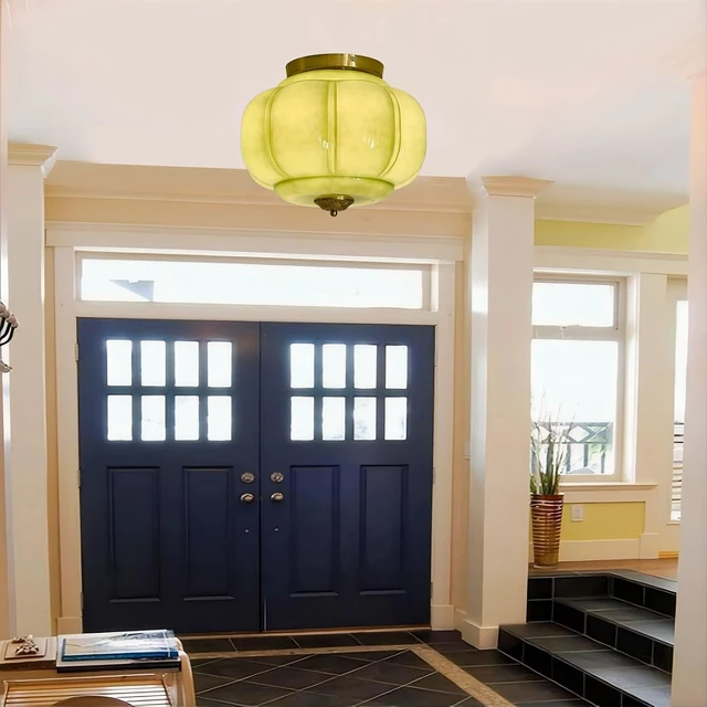 Alt view image 2 of 7 - LIGHTLAND Milk Glass Ceiling Light, 15 Inch 3-Light Metal Glass Flush Mount Ceiling Light Fixture for Entryway, Hallway, Living Room, Bedroom (Style C, Green)