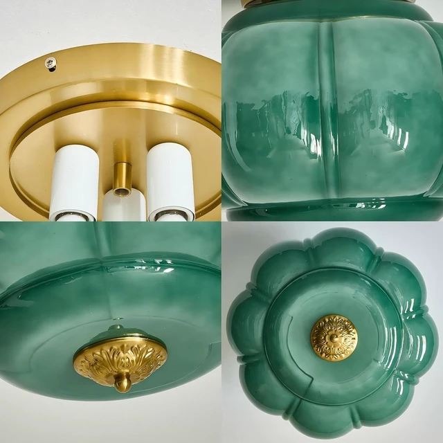 Alt view image 5 of 7 - LIGHTLAND Milk Glass Ceiling Light, 15 Inch 3-Light Metal Glass Flush Mount Ceiling Light Fixture for Entryway, Hallway, Living Room, Bedroom (Style C, Green)