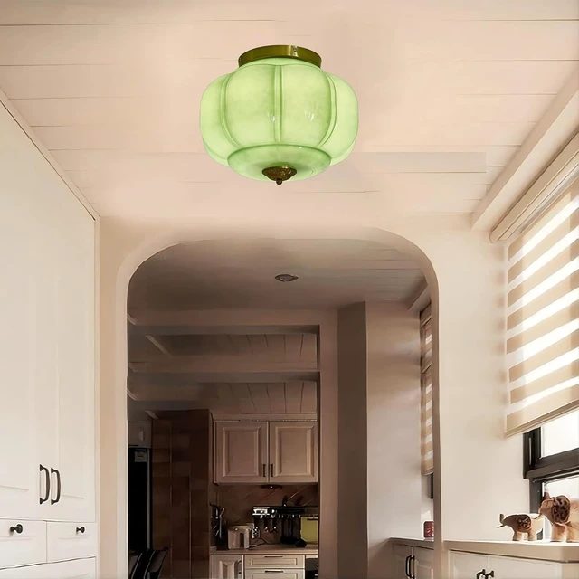 Alt view image 3 of 7 - LIGHTLAND Milk Glass Ceiling Light, 15 Inch 3-Light Metal Glass Flush Mount Ceiling Light Fixture for Entryway, Hallway, Living Room, Bedroom (Style C, Green)