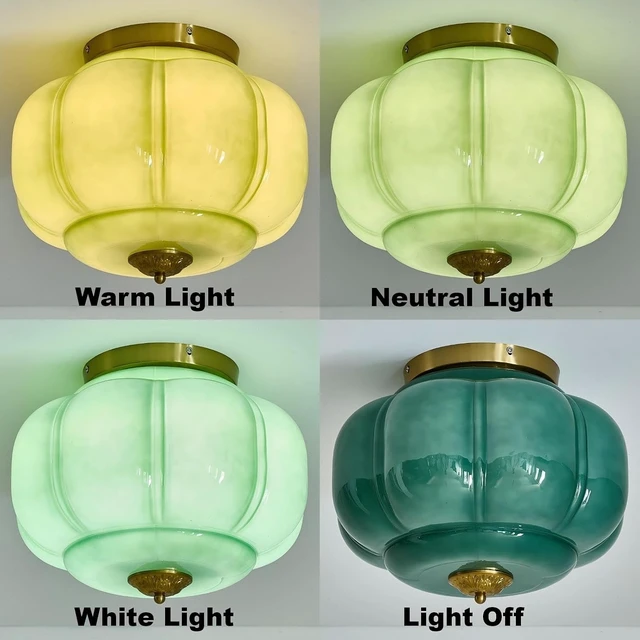 Alt view image 6 of 7 - LIGHTLAND Milk Glass Ceiling Light, 15 Inch 3-Light Metal Glass Flush Mount Ceiling Light Fixture for Entryway, Hallway, Living Room, Bedroom (Style C, Green)