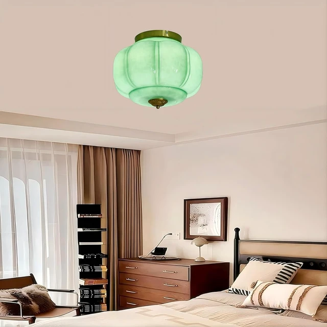 Alt view image 7 of 7 - LIGHTLAND Milk Glass Ceiling Light, 15 Inch 3-Light Metal Glass Flush Mount Ceiling Light Fixture for Entryway, Hallway, Living Room, Bedroom (Style C, Green)
