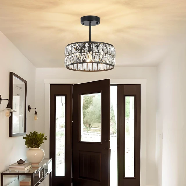 Alt view image 4 of 7 - 4-Light Black Crystal 12" Round Semi Flush Mount Ceiling Light