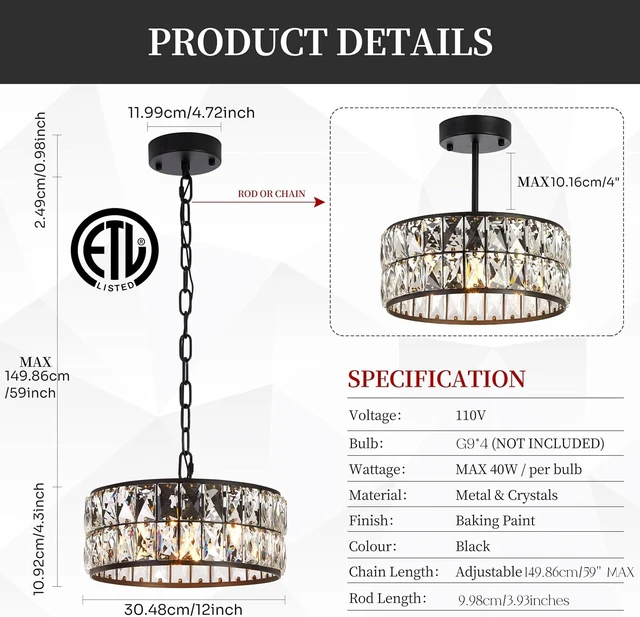 Alt view image 7 of 7 - 4-Light Black Crystal 12" Round Semi Flush Mount Ceiling Light