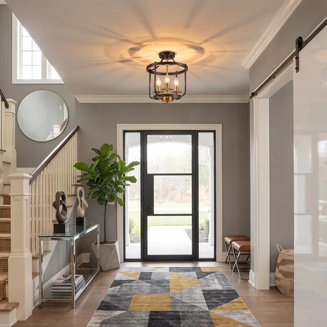Alt view image 2 of 7 - Farmhouse Semi Flush Mount Ceiling Light Fixtures, Industrial Rustic Ceiling Lamp Metal Cage Hallway Light Fixtures (3-Light Matte Black and Brushed Brass Finish)