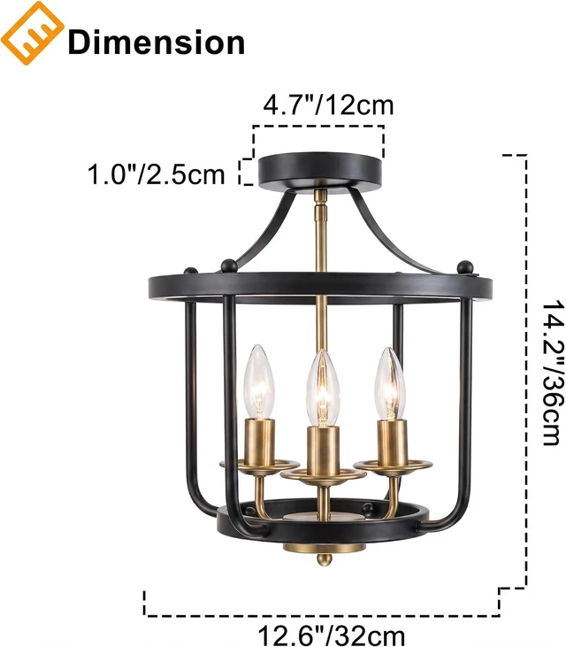 Alt view image 3 of 7 - Farmhouse Semi Flush Mount Ceiling Light Fixtures, Industrial Rustic Ceiling Lamp Metal Cage Hallway Light Fixtures (3-Light Matte Black and Brushed Brass Finish)