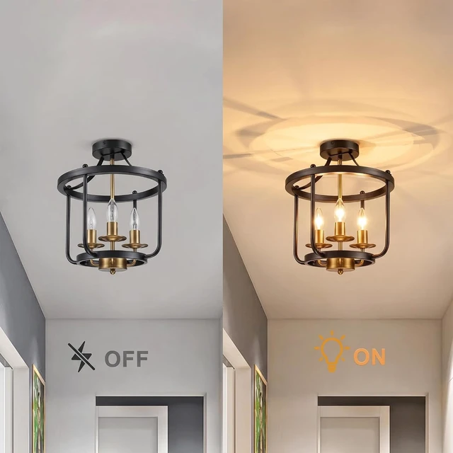 Alt view image 4 of 7 - Farmhouse Semi Flush Mount Ceiling Light Fixtures, Industrial Rustic Ceiling Lamp Metal Cage Hallway Light Fixtures (3-Light Matte Black and Brushed Brass Finish)