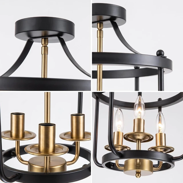 Alt view image 5 of 7 - Farmhouse Semi Flush Mount Ceiling Light Fixtures, Industrial Rustic Ceiling Lamp Metal Cage Hallway Light Fixtures (3-Light Matte Black and Brushed Brass Finish)