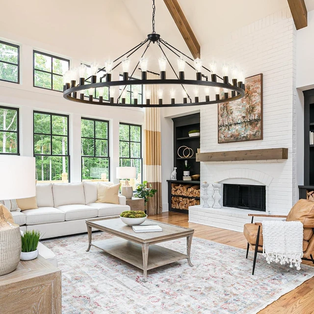 Alt view image 2 of 7 - Large black wagon wheel chandelier 64 inch,36-Light Farmhouse wagon Wheel Chandeliers Round Industrial ceiling light fixtures for outdoor porch high ceilings Living Dining Room Foyer Entryway