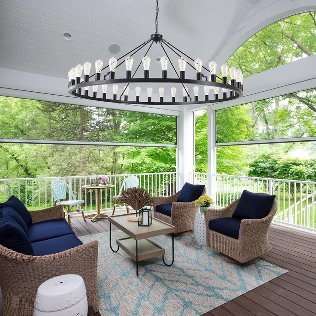Alt view image 3 of 7 - Large black wagon wheel chandelier 64 inch,36-Light Farmhouse wagon Wheel Chandeliers Round Industrial ceiling light fixtures for outdoor porch high ceilings Living Dining Room Foyer Entryway