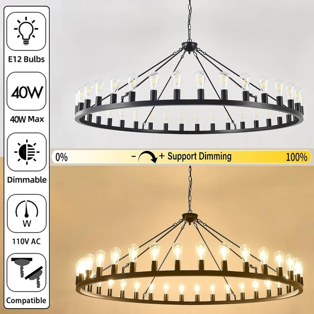 Alt view image 4 of 7 - Large black wagon wheel chandelier 64 inch,36-Light Farmhouse wagon Wheel Chandeliers Round Industrial ceiling light fixtures for outdoor porch high ceilings Living Dining Room Foyer Entryway