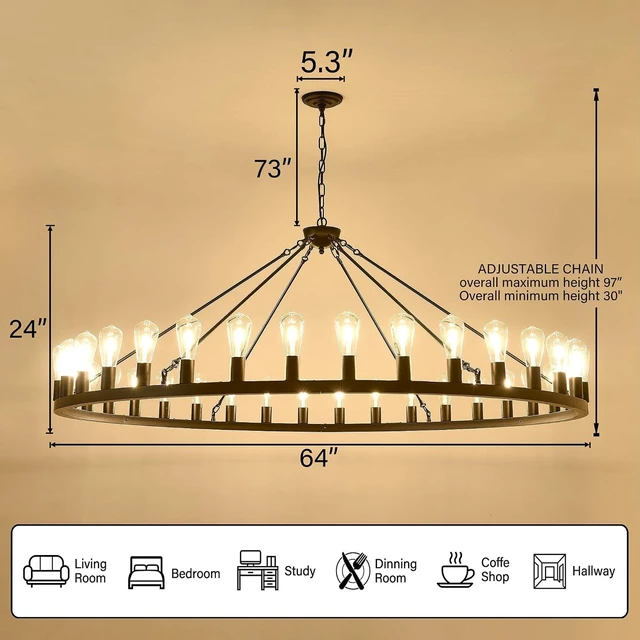 Alt view image 6 of 7 - Large black wagon wheel chandelier 64 inch,36-Light Farmhouse wagon Wheel Chandeliers Round Industrial ceiling light fixtures for outdoor porch high ceilings Living Dining Room Foyer Entryway