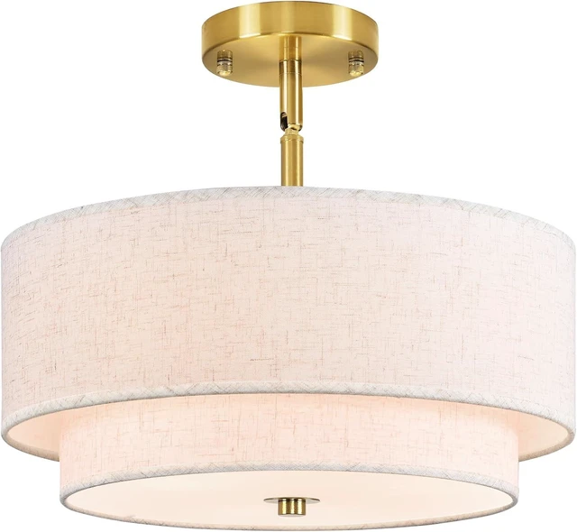 Main image of 16" Semi Flush Mount Ceiling Light, Gold 3 Light Double Drum Fabric Lampshade Lighting Fixture for Living Room, Bedroom, Dining Room, Kitchen, Hallway (Swivel Canopy for Sloped/Flat Ceiling)