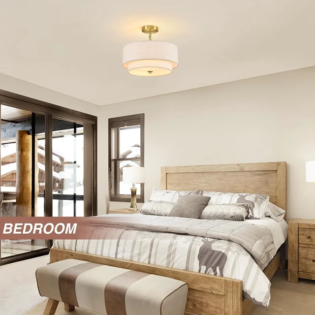 Alt view image 3 of 7 - 16" Semi Flush Mount Ceiling Light, Gold 3 Light Double Drum Fabric Lampshade Lighting Fixture for Living Room, Bedroom, Dining Room, Kitchen, Hallway (Swivel Canopy for Sloped/Flat Ceiling)