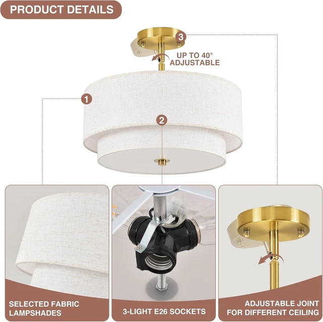 Alt view image 5 of 7 - 16" Semi Flush Mount Ceiling Light, Gold 3 Light Double Drum Fabric Lampshade Lighting Fixture for Living Room, Bedroom, Dining Room, Kitchen, Hallway (Swivel Canopy for Sloped/Flat Ceiling)