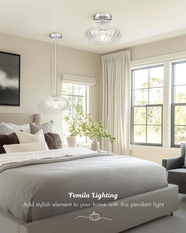 Alt view image 7 of 7 - FEMILA 10.3" Brushed Nickel Ceiling Lights, Pumpkin-Shaped Glass Ceiling Light for Living Room, Bedroom, Kitchen, 4FYD85F BN