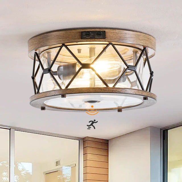 Main image of Motion Sensor Outdoor Flush Mount Ceiling Light, Industrial Glass Rustic Wood-Like Finish 2-Light Ceiling Lamp for Porch, Entryway, Garage, Timer and Sensitivity Adjustable