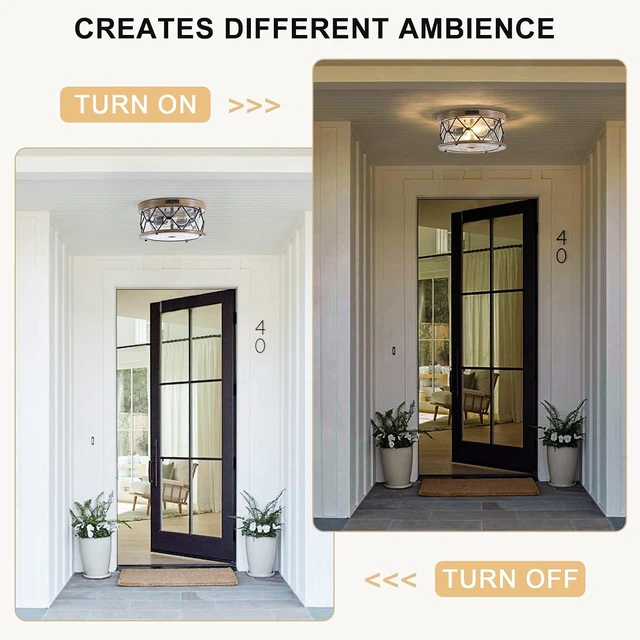 Alt view image 2 of 7 - Motion Sensor Outdoor Flush Mount Ceiling Light, Industrial Glass Rustic Wood-Like Finish 2-Light Ceiling Lamp for Porch, Entryway, Garage, Timer and Sensitivity Adjustable