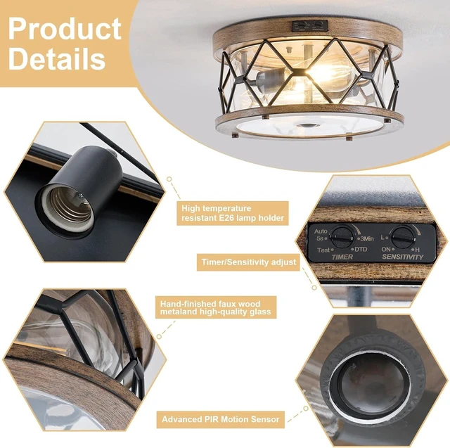 Alt view image 6 of 7 - Motion Sensor Outdoor Flush Mount Ceiling Light, Industrial Glass Rustic Wood-Like Finish 2-Light Ceiling Lamp for Porch, Entryway, Garage, Timer and Sensitivity Adjustable