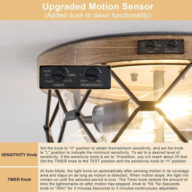 Alt view image 3 of 7 - Motion Sensor Outdoor Flush Mount Ceiling Light, Industrial Glass Rustic Wood-Like Finish 2-Light Ceiling Lamp for Porch, Entryway, Garage, Timer and Sensitivity Adjustable