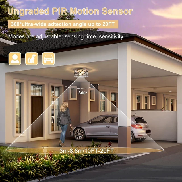 Alt view image 7 of 7 - Motion Sensor Outdoor Flush Mount Ceiling Light, Industrial Glass Rustic Wood-Like Finish 2-Light Ceiling Lamp for Porch, Entryway, Garage, Timer and Sensitivity Adjustable
