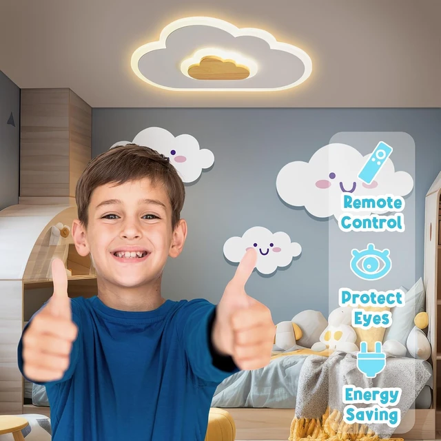 Alt view image 2 of 7 - LED Ceiling Light Fixture 15.7in Dimmable Children Cloud Lights for Ceiling with Remote Control 20W Creative Wooden Bedroom Ceiling Lamp for Kids Room Bedroom Living Room
