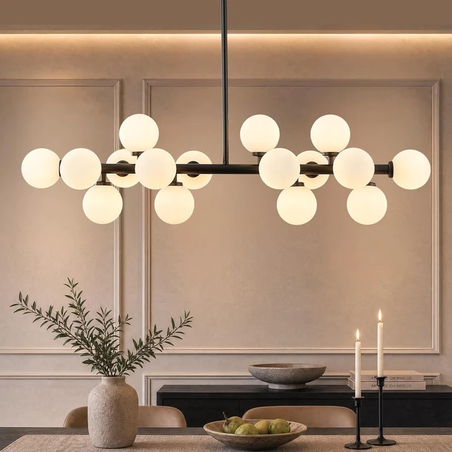 Main image of Mid Century Modern Glass Globe Sputnik Chandelier with White Bubble, 16-Light Large Linear Chandeliers for Dining Room Kitchen Island Living Room, Black Dining Light Fixture Over Table