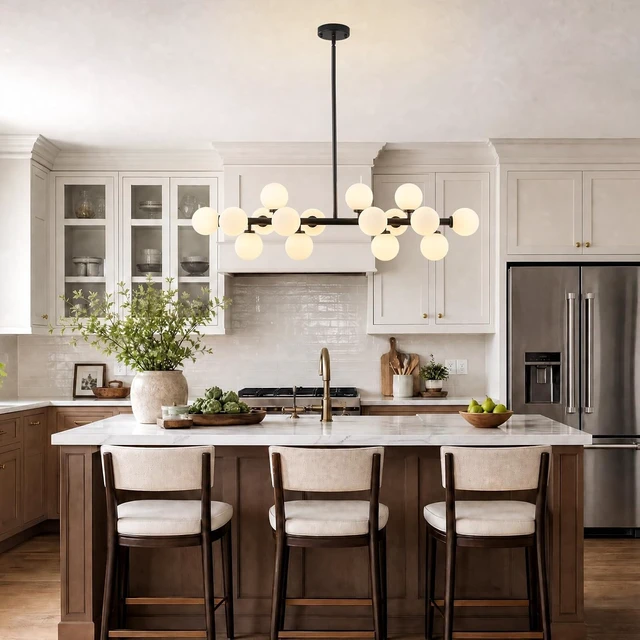 Alt view image 2 of 7 - Mid Century Modern Glass Globe Sputnik Chandelier with White Bubble, 16-Light Large Linear Chandeliers for Dining Room Kitchen Island Living Room, Black Dining Light Fixture Over Table