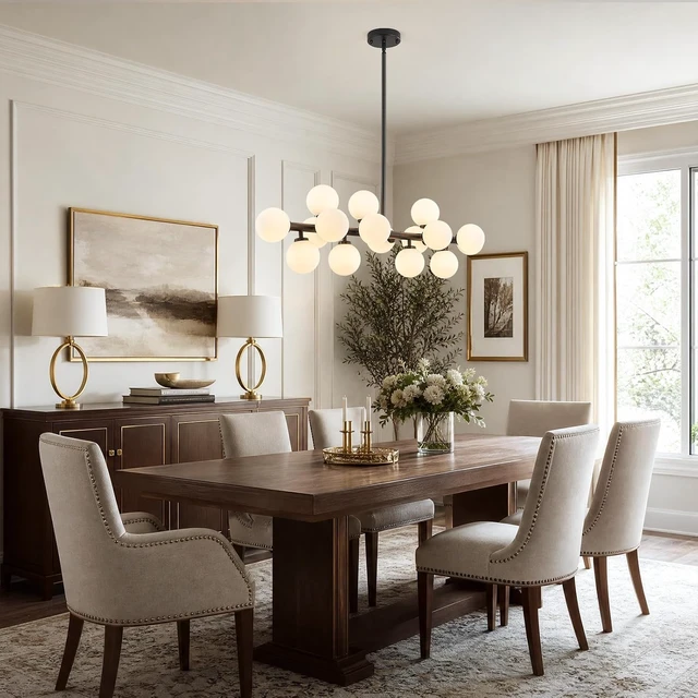 Alt view image 3 of 7 - Mid Century Modern Glass Globe Sputnik Chandelier with White Bubble, 16-Light Large Linear Chandeliers for Dining Room Kitchen Island Living Room, Black Dining Light Fixture Over Table