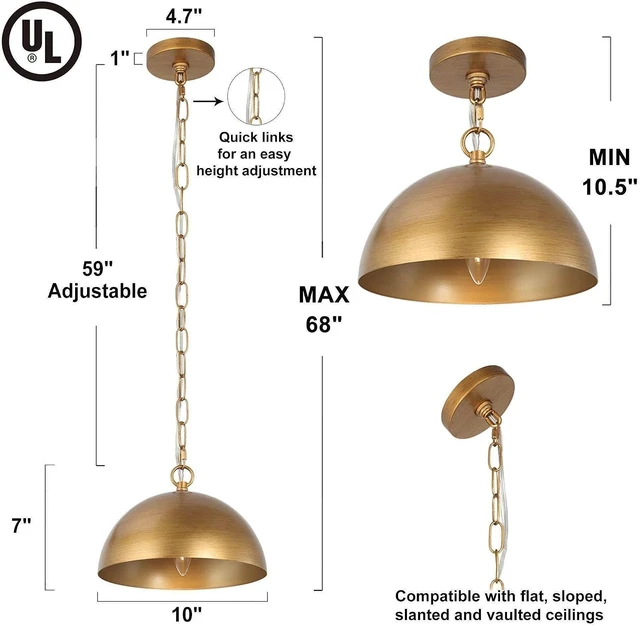 Alt view image 5 of 7 - KSANA Pendant Light Kitchen Island, 10" Modern Gold Pendant Lighting Dome Shade Pendant Light Fixtures for Kitchen, Dining Room, Hallway, Brushed Antique Gold Finish