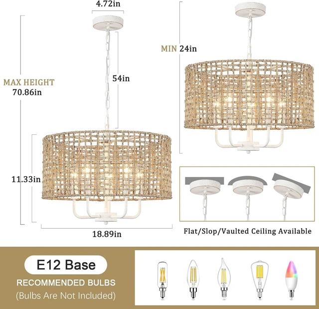 Alt view image 2 of 7 - Rattan Chandelier 5-Light Farmhouse Boho Pendant Light Fixture for Dining Room Brown and White Woven Chandeliers for Ceiling Light,Bedroom,Living Room,Foyer,Kitchen Island,Coastal,Stairway,Hallway