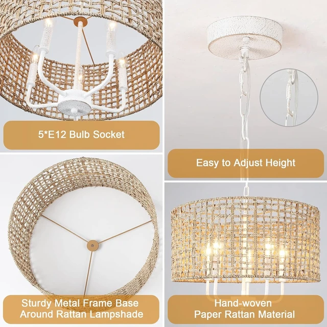 Alt view image 3 of 7 - Rattan Chandelier 5-Light Farmhouse Boho Pendant Light Fixture for Dining Room Brown and White Woven Chandeliers for Ceiling Light,Bedroom,Living Room,Foyer,Kitchen Island,Coastal,Stairway,Hallway