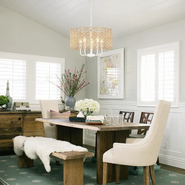 Alt view image 4 of 7 - Rattan Chandelier 5-Light Farmhouse Boho Pendant Light Fixture for Dining Room Brown and White Woven Chandeliers for Ceiling Light,Bedroom,Living Room,Foyer,Kitchen Island,Coastal,Stairway,Hallway