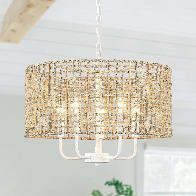 Main image of Rattan Chandelier 5-Light Farmhouse Boho Pendant Light Fixture for Dining Room Brown and White Woven Chandeliers for Ceiling Light,Bedroom,Living Room,Foyer,Kitchen Island,Coastal,Stairway,Hallway