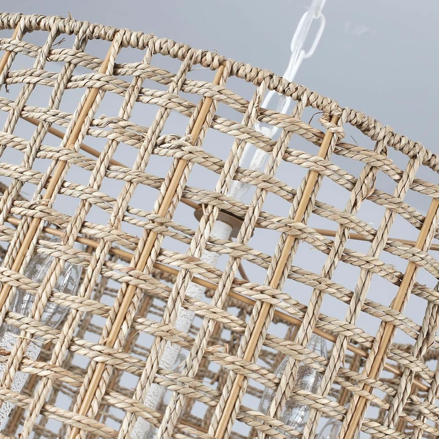 Alt view image 6 of 7 - Rattan Chandelier 5-Light Farmhouse Boho Pendant Light Fixture for Dining Room Brown and White Woven Chandeliers for Ceiling Light,Bedroom,Living Room,Foyer,Kitchen Island,Coastal,Stairway,Hallway