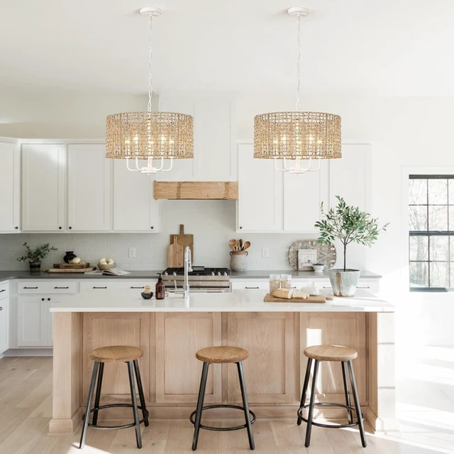 Alt view image 5 of 7 - Rattan Chandelier 5-Light Farmhouse Boho Pendant Light Fixture for Dining Room Brown and White Woven Chandeliers for Ceiling Light,Bedroom,Living Room,Foyer,Kitchen Island,Coastal,Stairway,Hallway