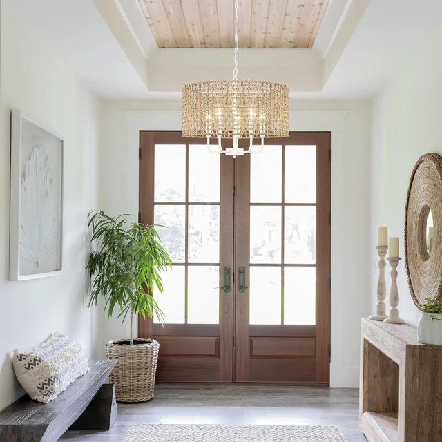 Alt view image 7 of 7 - Rattan Chandelier 5-Light Farmhouse Boho Pendant Light Fixture for Dining Room Brown and White Woven Chandeliers for Ceiling Light,Bedroom,Living Room,Foyer,Kitchen Island,Coastal,Stairway,Hallway