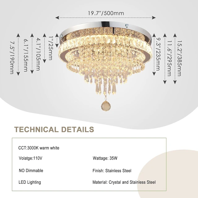 Alt view image 3 of 7 - FRIXCHUR 19.7" Crystal Chandelier Flush Mount LED Ceiling Light Warm White
