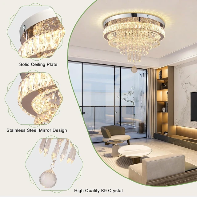 Alt view image 2 of 7 - FRIXCHUR 19.7" Crystal Chandelier Flush Mount LED Ceiling Light Warm White