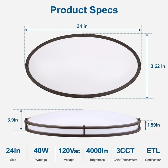 Alt view image 5 of 7 - DAKASON 24Inch Oval LED Flush Mount Ceiling Light Fixture, 40W 4000LM 3CCT