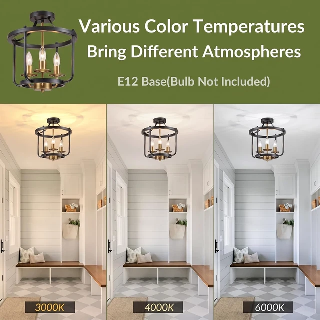Alt view image 6 of 7 - Farmhouse Semi Flush Mount Ceiling Light Fixtures, Industrial Rustic Ceiling Lamp Metal Cage Hallway Light Fixtures (3-Light Matte Black and Brushed Brass Finish)
