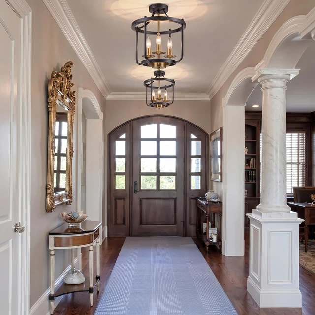 Alt view image 7 of 7 - Farmhouse Semi Flush Mount Ceiling Light Fixtures, Industrial Rustic Ceiling Lamp Metal Cage Hallway Light Fixtures (3-Light Matte Black and Brushed Brass Finish)